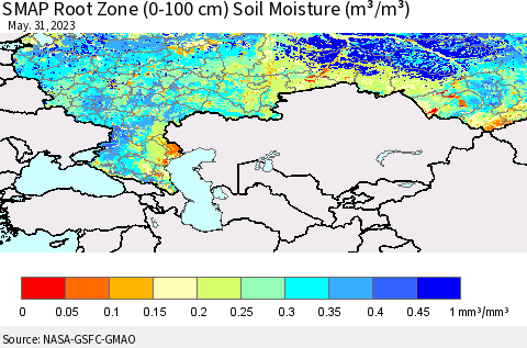 Russian Federation SMAP Root Zone (0-100 cm) Soil Moisture (m³/m³) Thematic Map For 5/26/2023 - 5/31/2023
