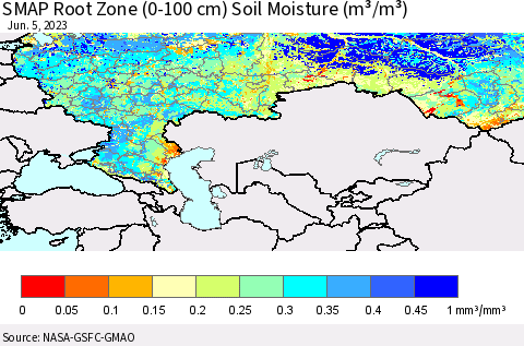 Russian Federation SMAP Root Zone (0-100 cm) Soil Moisture (m³/m³) Thematic Map For 6/1/2023 - 6/5/2023