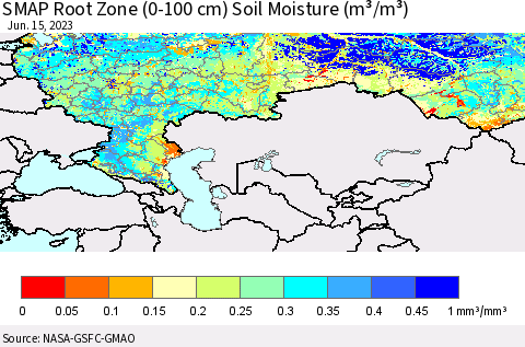 Russian Federation SMAP Root Zone (0-100 cm) Soil Moisture (m³/m³) Thematic Map For 6/11/2023 - 6/15/2023