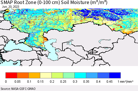 Russian Federation SMAP Root Zone (0-100 cm) Soil Moisture (m³/m³) Thematic Map For 6/16/2023 - 6/20/2023