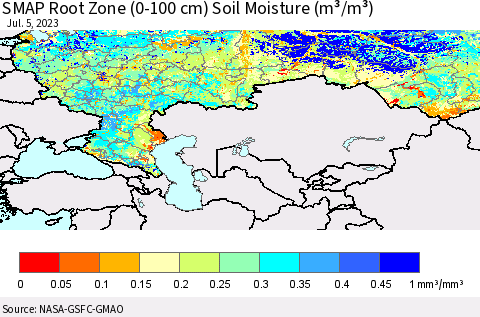 Russian Federation SMAP Root Zone (0-100 cm) Soil Moisture (m³/m³) Thematic Map For 7/1/2023 - 7/5/2023