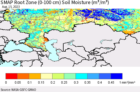 Russian Federation SMAP Root Zone (0-100 cm) Soil Moisture (m³/m³) Thematic Map For 8/11/2023 - 8/15/2023