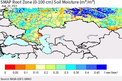 Russian Federation SMAP Root Zone (0-100 cm) Soil Moisture (m³/m³) Thematic Map For 8/16/2023 - 8/20/2023