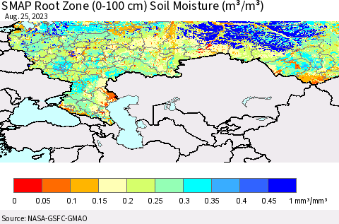 Russian Federation SMAP Root Zone (0-100 cm) Soil Moisture (m³/m³) Thematic Map For 8/21/2023 - 8/25/2023
