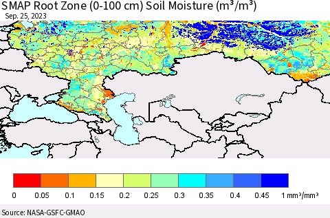 Russian Federation SMAP Root Zone (0-100 cm) Soil Moisture (m³/m³) Thematic Map For 9/21/2023 - 9/25/2023