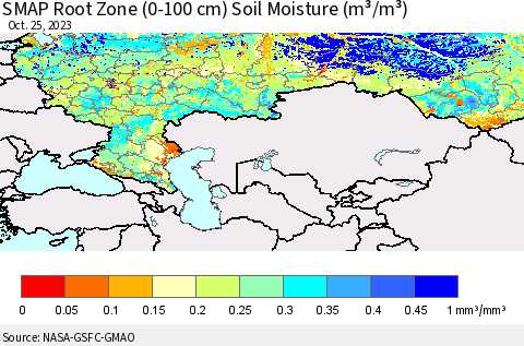 Russian Federation SMAP Root Zone (0-100 cm) Soil Moisture (m³/m³) Thematic Map For 10/21/2023 - 10/25/2023
