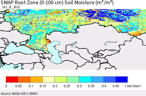 Russian Federation SMAP Root Zone (0-100 cm) Soil Moisture (m³/m³) Thematic Map For 10/26/2023 - 10/31/2023