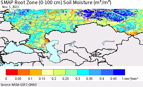 Russian Federation SMAP Root Zone (0-100 cm) Soil Moisture (m³/m³) Thematic Map For 11/1/2023 - 11/5/2023