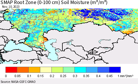 Russian Federation SMAP Root Zone (0-100 cm) Soil Moisture (m³/m³) Thematic Map For 11/6/2023 - 11/10/2023