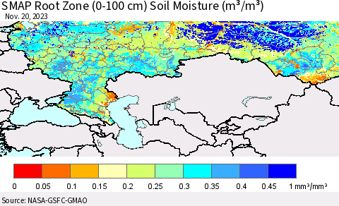 Russian Federation SMAP Root Zone (0-100 cm) Soil Moisture (m³/m³) Thematic Map For 11/16/2023 - 11/20/2023