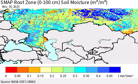Russian Federation SMAP Root Zone (0-100 cm) Soil Moisture (m³/m³) Thematic Map For 11/26/2023 - 11/30/2023