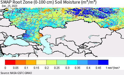 Russian Federation SMAP Root Zone (0-100 cm) Soil Moisture (m³/m³) Thematic Map For 12/21/2023 - 12/25/2023