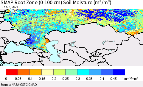 Russian Federation SMAP Root Zone (0-100 cm) Soil Moisture (m³/m³) Thematic Map For 1/1/2024 - 1/5/2024