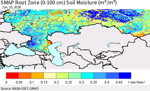Russian Federation SMAP Root Zone (0-100 cm) Soil Moisture (m³/m³) Thematic Map For 1/6/2024 - 1/10/2024