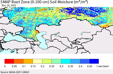 Russian Federation SMAP Root Zone (0-100 cm) Soil Moisture (m³/m³) Thematic Map For 3/16/2024 - 3/20/2024
