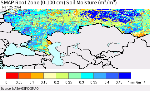 Russian Federation SMAP Root Zone (0-100 cm) Soil Moisture (m³/m³) Thematic Map For 3/21/2024 - 3/25/2024