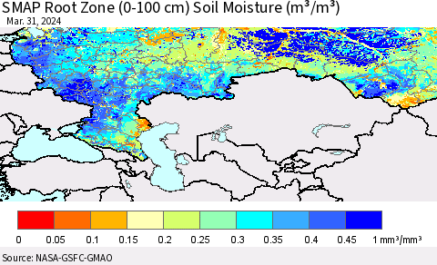 Russian Federation SMAP Root Zone (0-100 cm) Soil Moisture (m³/m³) Thematic Map For 3/26/2024 - 3/31/2024