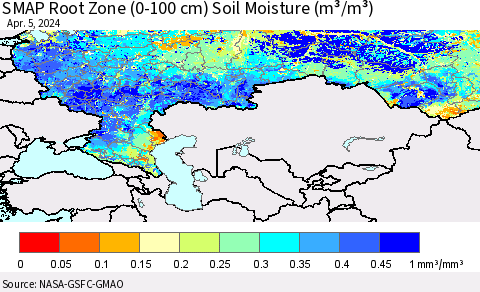 Russian Federation SMAP Root Zone (0-100 cm) Soil Moisture (m³/m³) Thematic Map For 4/1/2024 - 4/5/2024