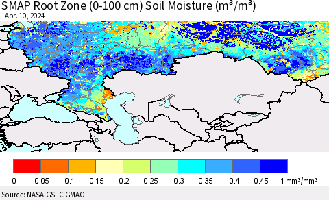 Russian Federation SMAP Root Zone (0-100 cm) Soil Moisture (m³/m³) Thematic Map For 4/6/2024 - 4/10/2024