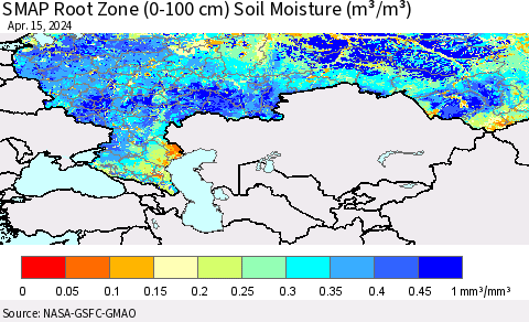 Russian Federation SMAP Root Zone (0-100 cm) Soil Moisture (m³/m³) Thematic Map For 4/11/2024 - 4/15/2024