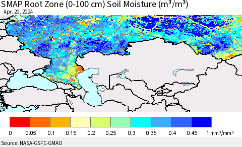 Russian Federation SMAP Root Zone (0-100 cm) Soil Moisture (m³/m³) Thematic Map For 4/16/2024 - 4/20/2024