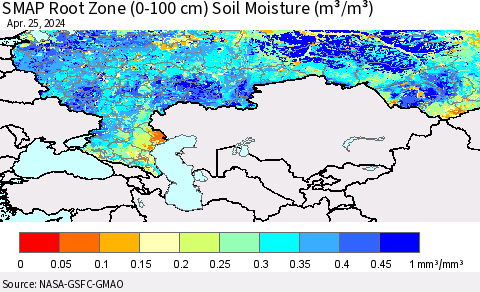 Russian Federation SMAP Root Zone (0-100 cm) Soil Moisture (m³/m³) Thematic Map For 4/21/2024 - 4/25/2024