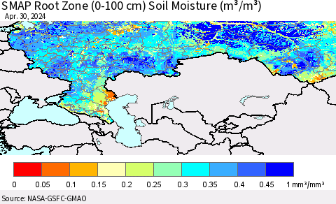 Russian Federation SMAP Root Zone (0-100 cm) Soil Moisture (m³/m³) Thematic Map For 4/26/2024 - 4/30/2024