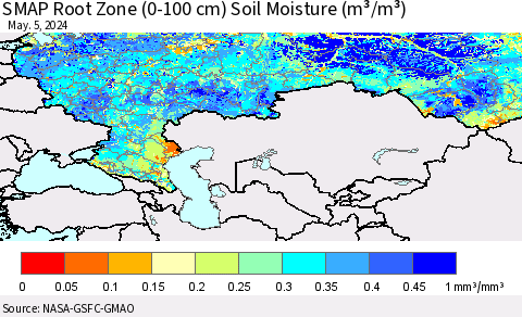Russian Federation SMAP Root Zone (0-100 cm) Soil Moisture (m³/m³) Thematic Map For 5/1/2024 - 5/5/2024