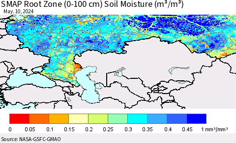 Russian Federation SMAP Root Zone (0-100 cm) Soil Moisture (m³/m³) Thematic Map For 5/6/2024 - 5/10/2024