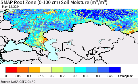 Russian Federation SMAP Root Zone (0-100 cm) Soil Moisture (m³/m³) Thematic Map For 5/11/2024 - 5/15/2024