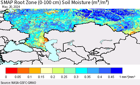 Russian Federation SMAP Root Zone (0-100 cm) Soil Moisture (m³/m³) Thematic Map For 5/16/2024 - 5/20/2024