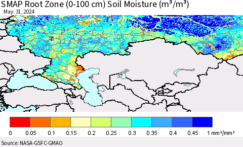 Russian Federation SMAP Root Zone (0-100 cm) Soil Moisture (m³/m³) Thematic Map For 5/26/2024 - 5/31/2024