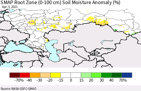 Russian Federation SMAP Root Zone (0-100 cm) Soil Moisture Anomaly (%) Thematic Map For 4/1/2021 - 4/5/2021