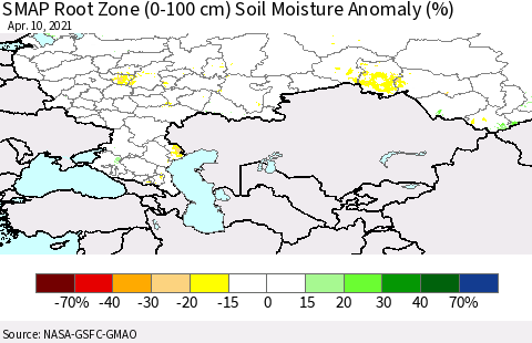 Russian Federation SMAP Root Zone (0-100 cm) Soil Moisture Anomaly (%) Thematic Map For 4/6/2021 - 4/10/2021