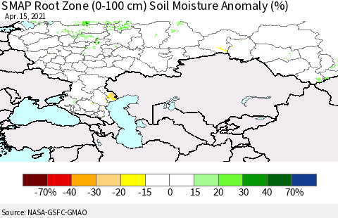 Russian Federation SMAP Root Zone (0-100 cm) Soil Moisture Anomaly (%) Thematic Map For 4/11/2021 - 4/15/2021
