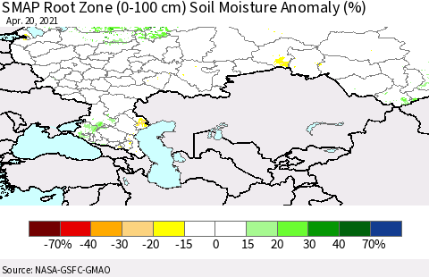 Russian Federation SMAP Root Zone (0-100 cm) Soil Moisture Anomaly (%) Thematic Map For 4/16/2021 - 4/20/2021