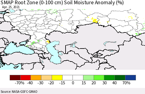 Russian Federation SMAP Root Zone (0-100 cm) Soil Moisture Anomaly (%) Thematic Map For 4/21/2021 - 4/25/2021