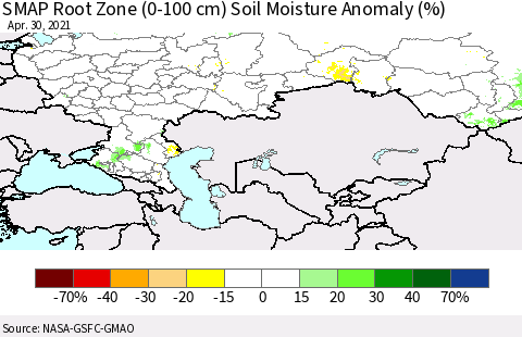 Russian Federation SMAP Root Zone (0-100 cm) Soil Moisture Anomaly (%) Thematic Map For 4/26/2021 - 4/30/2021