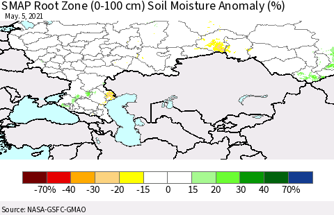 Russian Federation SMAP Root Zone (0-100 cm) Soil Moisture Anomaly (%) Thematic Map For 5/1/2021 - 5/5/2021