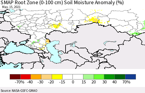 Russian Federation SMAP Root Zone (0-100 cm) Soil Moisture Anomaly (%) Thematic Map For 5/11/2021 - 5/15/2021
