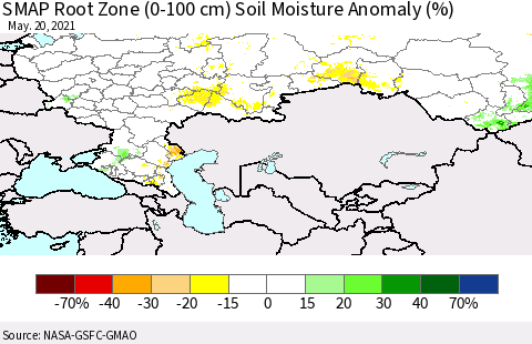 Russian Federation SMAP Root Zone (0-100 cm) Soil Moisture Anomaly (%) Thematic Map For 5/16/2021 - 5/20/2021