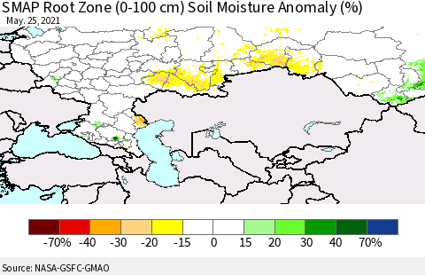 Russian Federation SMAP Root Zone (0-100 cm) Soil Moisture Anomaly (%) Thematic Map For 5/21/2021 - 5/25/2021