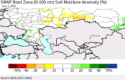 Russian Federation SMAP Root Zone (0-100 cm) Soil Moisture Anomaly (%) Thematic Map For 6/1/2021 - 6/5/2021