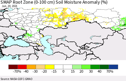 Russian Federation SMAP Root Zone (0-100 cm) Soil Moisture Anomaly (%) Thematic Map For 6/16/2021 - 6/20/2021