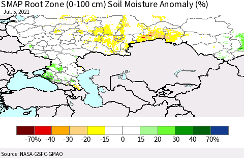 Russian Federation SMAP Root Zone (0-100 cm) Soil Moisture Anomaly (%) Thematic Map For 7/1/2021 - 7/5/2021
