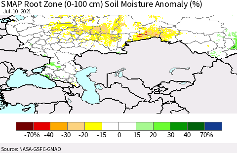 Russian Federation SMAP Root Zone (0-100 cm) Soil Moisture Anomaly (%) Thematic Map For 7/6/2021 - 7/10/2021