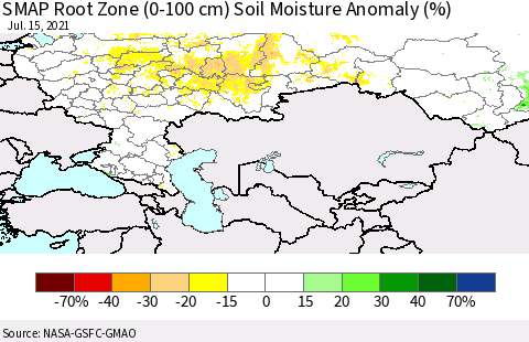 Russian Federation SMAP Root Zone (0-100 cm) Soil Moisture Anomaly (%) Thematic Map For 7/11/2021 - 7/15/2021
