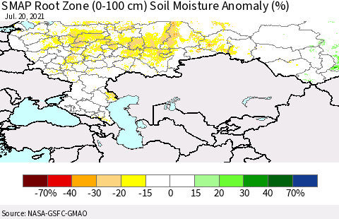 Russian Federation SMAP Root Zone (0-100 cm) Soil Moisture Anomaly (%) Thematic Map For 7/16/2021 - 7/20/2021