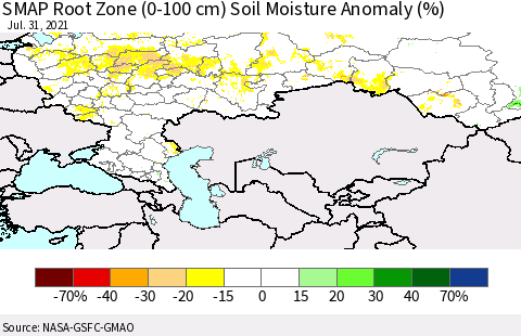 Russian Federation SMAP Root Zone (0-100 cm) Soil Moisture Anomaly (%) Thematic Map For 7/26/2021 - 7/31/2021