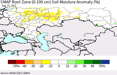 Russian Federation SMAP Root Zone (0-100 cm) Soil Moisture Anomaly (%) Thematic Map For 8/6/2021 - 8/10/2021
